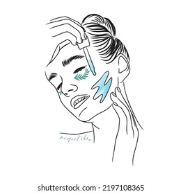Personal care and facial skin care, portrait of a happy girl, perfect skin, lettering, cosmetics, doodle sketch
