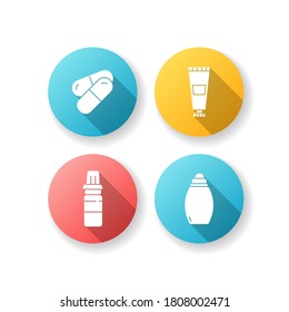 Cuidados personales diseño plano sombra larga sombra de iconos conjunto. Productos farmacéuticos. Receta de vitamina. Medicación para curar la enfermedad. Productos cosméticos. Atención de belleza. Ilustración de color RGB de silueta
