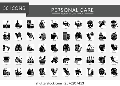 Personal care glyph icons set, contain lotion, comb, soap, skincare, makeup, barber, manicure, cream and more. For print, digital concept, UI or UX kit, web and app. vector EPS 10 for health, beauty.