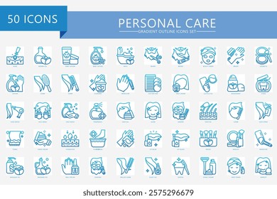 Personal care gradient icons set, contain lotion, comb, soap, skincare, makeup, barber, manicure and more. For print, digital concept, UI or UX kit, web and app. vector EPS 10 for health, beauty.