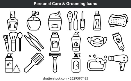 Personal care and grooming icons set line art