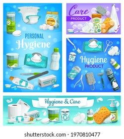 Personal care, hygiene and body health, bathroom items and products, vector. Personal hygiene soap, cream and toothpaste, bath, shower and toilet tubes, shampoo, diapers, comb with lotion and toiletry