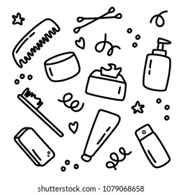 Personal care. Personal hygiene. Vector illustration with lovely line symbols and products for personal care.