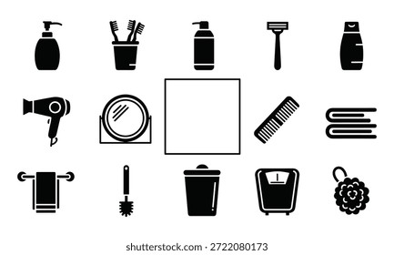 Personal care items collection including soap towel razor and mirror vector illustration, black bathroom hygiene icons on white surface