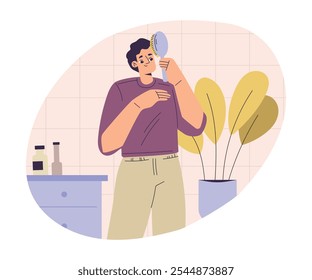 Personal Care with Man Character Brushing His Hair Enjoy Grooming Procedure Vector Illustration