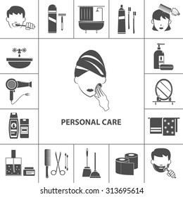 Personal care morning hygienic routine black pictograms collection with woman cleaning her skin poster abstract vector illustration