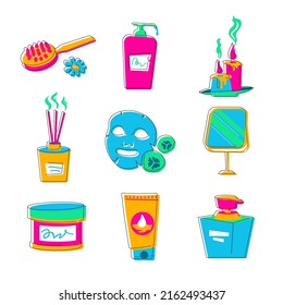 Personal care products - flat design style icons set. High quality colorful images of liquid soap, body cream, moisturizing mask, massage brush, mirror, aroma candles and incense. SPA and relax idea