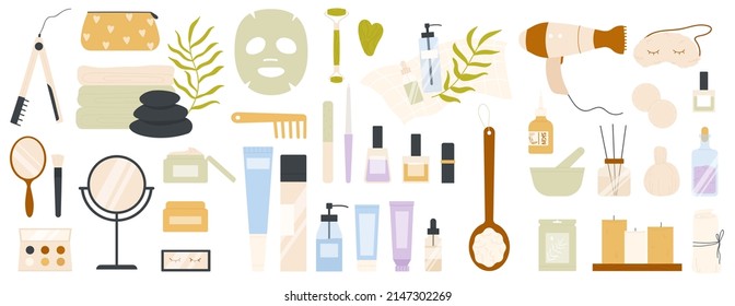 Personal care products set for face or body skin and hair hygiene vector illustration. Cartoon cosmetic items, makeup and grooming tools, towels isolated on white. Beauty, home bathroom concept