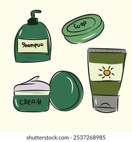 Productos de cuidado personal: champú, jabón, crema facial y bloqueador solar. Ilustración vectorial.