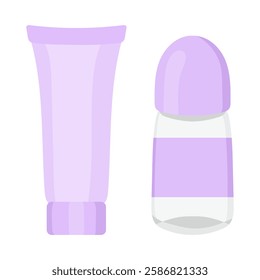 Personal care set icon. Cosmetic tube and roll-on deodorant with label. Used for skincare, freshness, and daily self-care routine