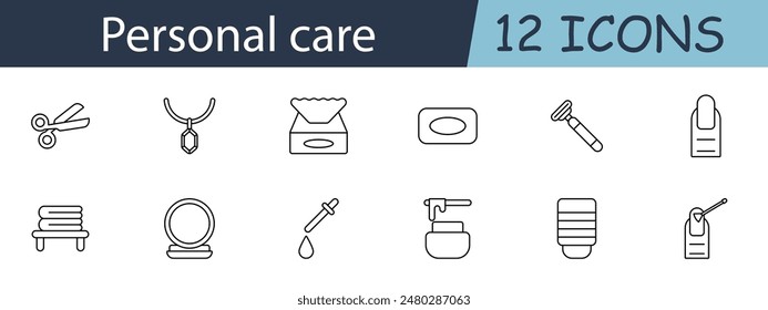 Personal care set icon. Includes scissors, soap, lotion, and grooming tools symbols. Perfect for beauty, hygiene, and self-care concepts. Vector line icon on white background.