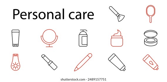 Personal care set icon. Lotion, mirror, shampoo, cream, lipstick, comb, makeup, cosmetics, skincare, grooming, beauty, hygiene, self-care, spa, personal care, hygiene products, face care