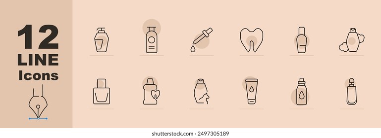 Icono de conjunto de cuidado personal. Loción, champú, gotero, diente, botella de higiene, esmalte de uñas, cuidado de la piel, cuidado dental, crema, producto de higiene, botella cosmética