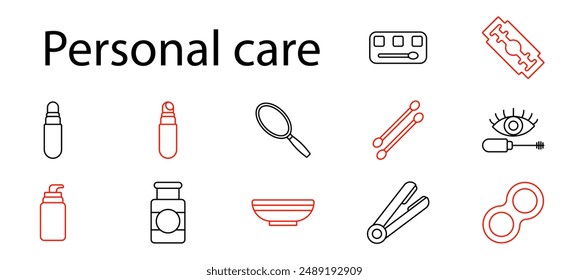 Personal care set icon. Razor, lotion, serum, magnifying glass, cotton swabs, mascara, soap, contact lenses, straightener, haircare, skincare, hygiene, beauty, grooming, makeup, cosmetic