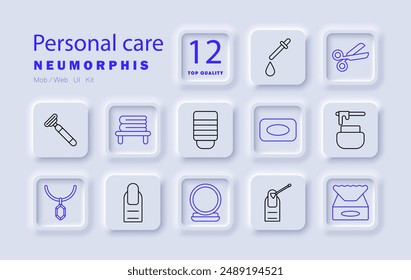 Personal care set icon. Razor, towels, soap, cosmetics, dropper, scissors, nail polish, cream jar, manicure, hygiene, skincare, grooming, health, wellness, beauty, personal hygiene, bath, bathroom.