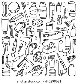 Personal care set on white background. Hygiene and hair salon elements