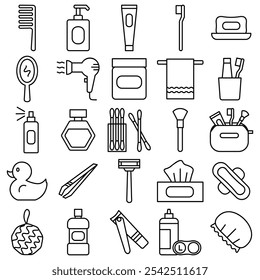 Personal Care Toiletries Icon Sheet or Set. Various personal care and hygiene items, minimalistic and suitable for use in beauty, self-care, and wellness-related projects. 