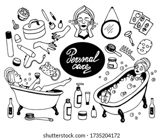 
Personal care vector doodle set. Hand drawn set depicting care products and tools, girls in the bathroom.