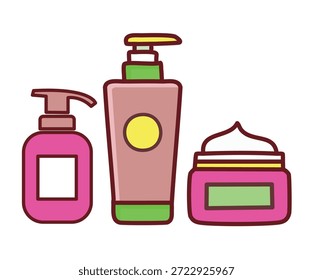 Ilustración vectorial de cuidado personal con perfume, crema y Productos limpiadores faciales. Icono de Vector de rutina de cuidado de la piel con perfume, crema y limpiador facial para el diseño de belleza.