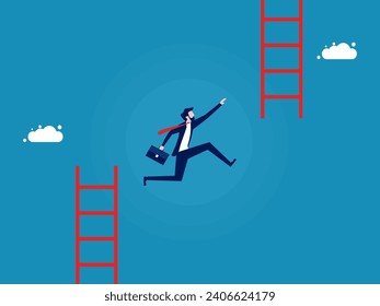Personal career development. Businessman jumps to higher stairs 