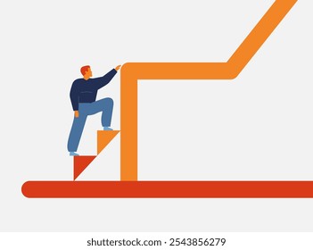 Crecimiento personal y profesional. Hombre subiendo en promoción de Profesional en compañía. Hombre levantando la escalera para anotar un gol de negocios. Motivación para el desarrollo, el éxito y el logro. Ilustración vectorial