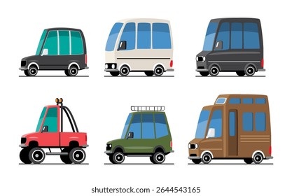 Personal Cars set ilustração cartoon incluiu van, minivan, carro SUV, veículo off-road e motorhome . Projeto plano . Isolar no plano de fundo branco . Vetor .