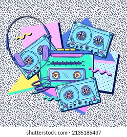 Personal Cassette Player 90s Poster. Retro Portable Cassette Player With Headphones And Cassette. Music Player. 1990s Technology. Nostalgia For The 90s.