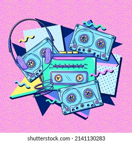 Personal Cassette Player 90s Poster. Retro Portable Cassette Player With Headphones And Cassette. Music Player. 1990s Technology. Nostalgia For The 90s.