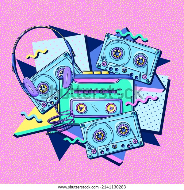 Personal cassette player 90s poster. Retro\
portable cassette player with headphones and cassette. Music\
player. 1990s technology. Nostalgia for the\
90s.