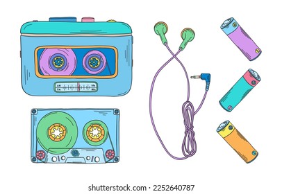 Personal cassette player doodle. 2000s portable music player, cassette, headphones, battery. Y2k trendy illustration. Millennial childhood technology. 90s and 2000s.