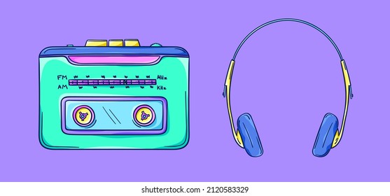 Personal Cassette Player Illustration. Retro Portable Cassette Player With Headphones. Music Player. 90s Style Vector. 1990s Technology. Nostalgia For The 90s.