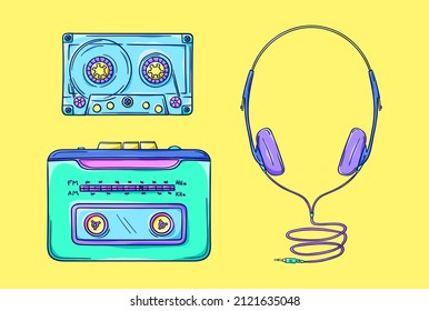 Personal cassette player illustration. Retro portable cassette player with headphones and cassette. Music player. 90s style vector. 1990s technology. Nostalgia for the 90s.