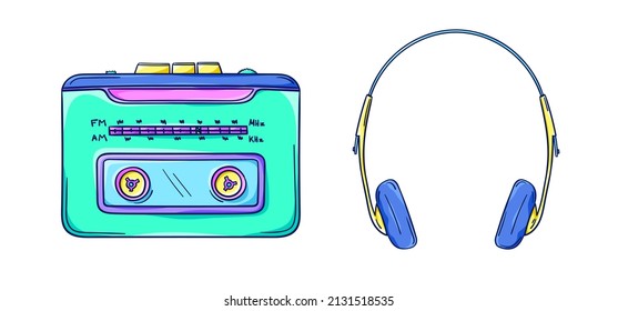 Personal Cassette Player Illustration. Retro Portable Cassette Player With Headphones. Music Player. 90s Style Vector. 1990s Technology. Nostalgia For The 90s.