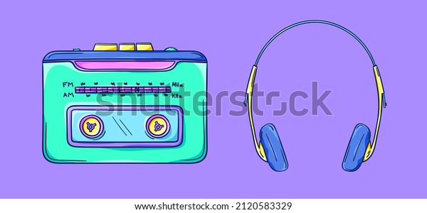 Personal cassette player\
illustration. Retro portable cassette player with headphones. Music\
player. 90s style vector. 1990s technology. Nostalgia for the\
90s.