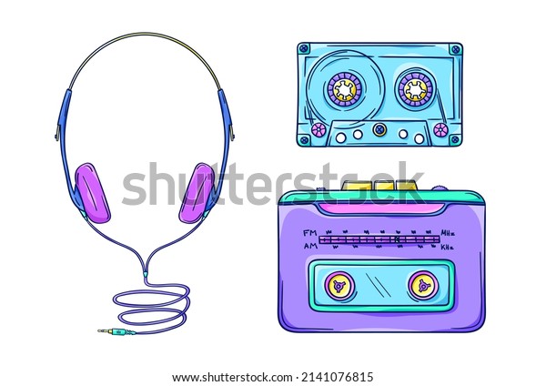 Personal cassette\
player illustration. Retro portable cassette player with headphones\
and cassette. Music player. 90s style vector. 1990s technology.\
Nostalgia for the\
90s.