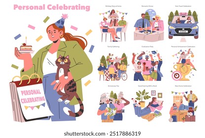 Conjunto de concepto de celebración personal. Diversos momentos de alegría individual e hitos, desde cumpleaños hasta logros. Conjunto de Ilustración vectorial.