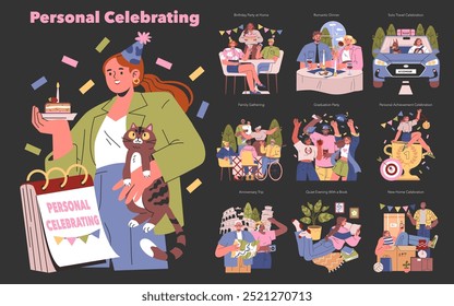 Conjunto de celebração pessoal. Diversos momentos alegres desde o aniversário até as conquistas. Eventos de vida, encontros íntimos e experiências auto recompensadoras. Ilustração vetorial.