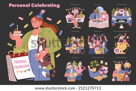 Personal Celebrating set. Diverse joyful moments from birthday to achievements. Life events, intimate gatherings, and self-rewarding experiences. Vector illustration.
