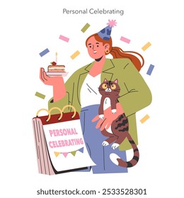 Personal celebration concept. Woman enjoys a birthday moment holding cake and cat, with festive decorations. Birthday, joy, and pet companionship captured. Vector illustration.