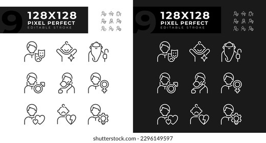 Personal characteristics pixel perfect linear icons set for dark, light mode. Anima and animus. Child, orphan. Thin line symbols for night, day theme. Isolated illustrations. Editable stroke