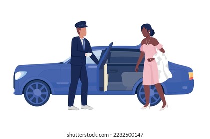 Personal chauffeur and lady in luxury dress semi flat color vector characters. Editable figures. Full body people on white. Simple cartoon style illustration for web graphic design and animation