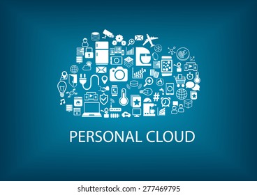 Personal cloud computing for home automation services. Various connected devices within the cloud. White technology icons and symbols and blurred background.