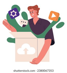 Personal cloud storage with open access. People transfer data, information by digital disc, server. Web hosting sevrice, IOT technology concept. Flat isolated vector illustration on white background