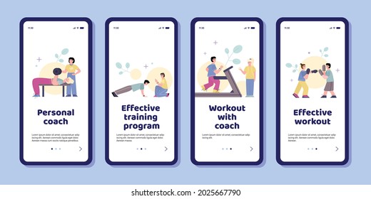 Personal coaches help people workout using of fitness equipment in gym. Smartphone app with effective programs trainings and advice to physical exercises. Flat vector illustration.