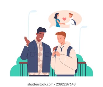 Personal coaching concept. Man give instruction about love for his friend. Psychology and emotional balance, mental health. Cartoon flat vector illustration isolated on white background