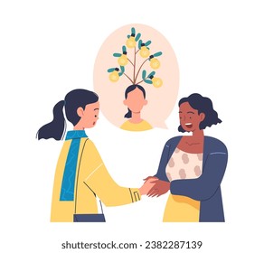 Personal coaching concept. Woman help her friend. Psychology and mental health. Emotions and feelings. Success and improvement. Cartoon flat vector illustration isolated on white background