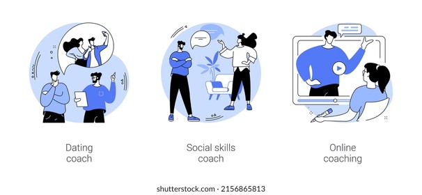 Personal Coaching Isolated Cartoon Vector Illustrations Set. Confident Dating Coach Talking To Shy Guy, Honing Soft Skills, Improve Social Life, Private Online Consultancy Session Vector Cartoon.