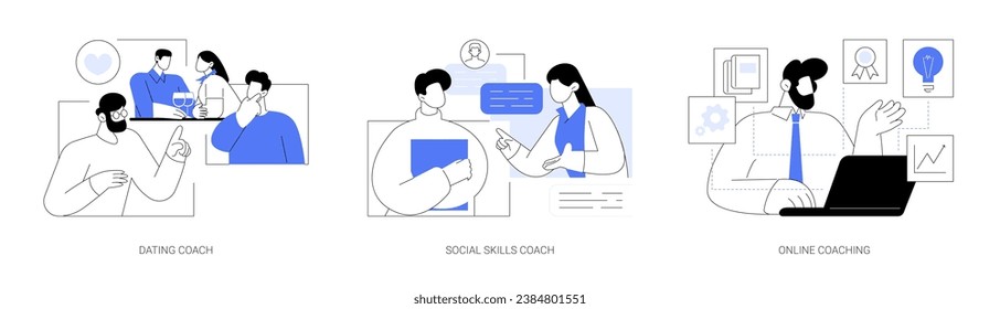 Personal coaching isolated cartoon vector illustrations set. Confident dating coach talking to shy guy, honing soft skills, improve social life, private online consultancy session vector cartoon.