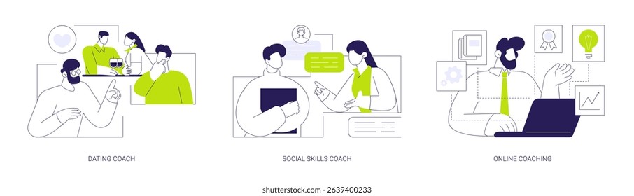 Personal coaching isolated cartoon vector illustrations set. Confident dating coach talking to shy guy, honing soft skills, improve social life, private online consultancy session vector cartoon.