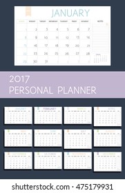 Personal color planning. Set of 12 pages calendar 2017. Week starts on Sunday. Vector template